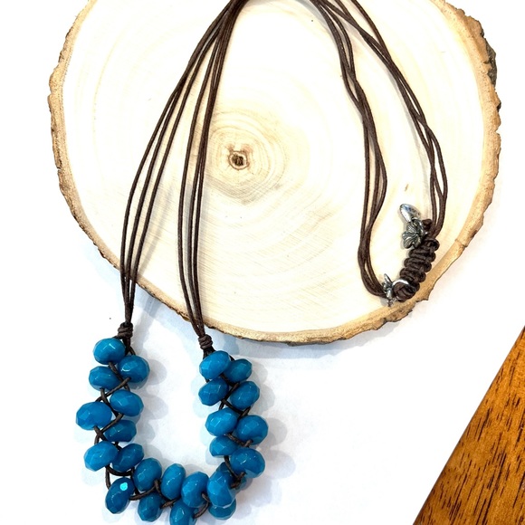 Teal beaded necklace on brown cord, made by Fossil - Picture 3 of 6